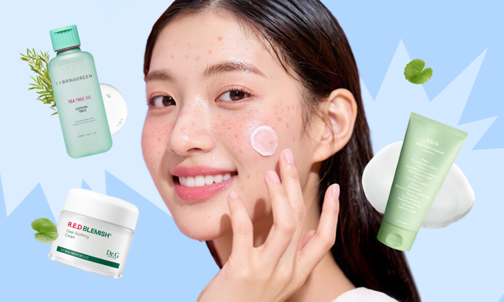 banner image of a woman with acne concerns doing skincare