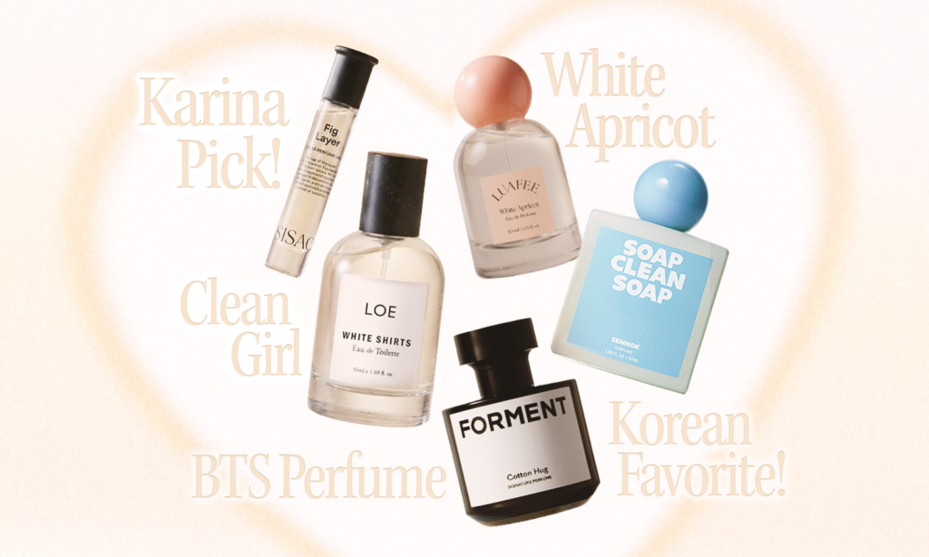 A promotional banner titled “5 Best Korean Perfumes Under $60,” featuring five perfume bottles arranged around the text, including SISAO Fig Layer, LUAFEE White Apricot, LOE White Shirts, SENNOK Soap Clean Soap, and FORMENT Cotton Hug on a soft beige background with faint typographic accents.