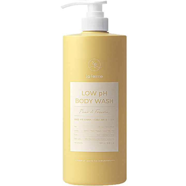 LaFerme Low pH Body Wash Pear & Freesia in a pastel yellow pump bottle, a gentle Korean body wash with a soft freesia and pear fragrance