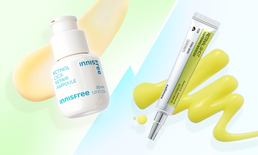 Korean skincare retinol vs retinal banner featuring Innisfree Retinol Cica Ampoule and Cellimax Retinal Shot, highlighting differences between retinol and retinal products