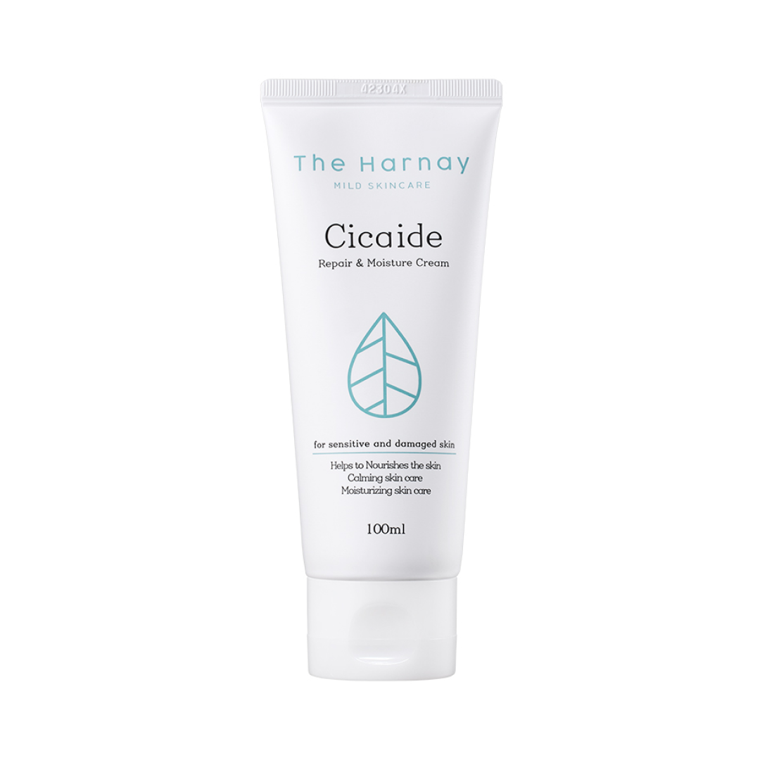 The Harnay Cicaide Repair & Moisture Cream in a white tube with a teal leaf icon, formulated to soothe, moisturize, and support sensitive or damaged skin.