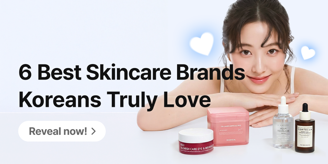 A promotional banner featuring a smiling woman resting her arms and looking at the camera against a soft sky-blue background. In front of her are popular Korean skincare products including MEDIHEAL Collagen Ampoule Pads, ISOI Blemish Care Eye & Wrinkle Patch, S.NATURE Aqua Squalane Serum, and SKIN1004 Madagascar Centella Ampoule. The text “6 Best Skincare Brands Koreans Truly Love” appears prominently at the bottom.