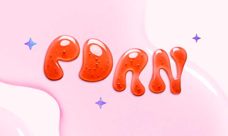 Ilustración visual del término “PDRN” formada con una textura tipo sérum sobre un fondo rosado, que representa el cuidado de la piel coreano con PDRN, destacando un enfoque innovador y tecnológico en la hidratación y reparación de la piel.