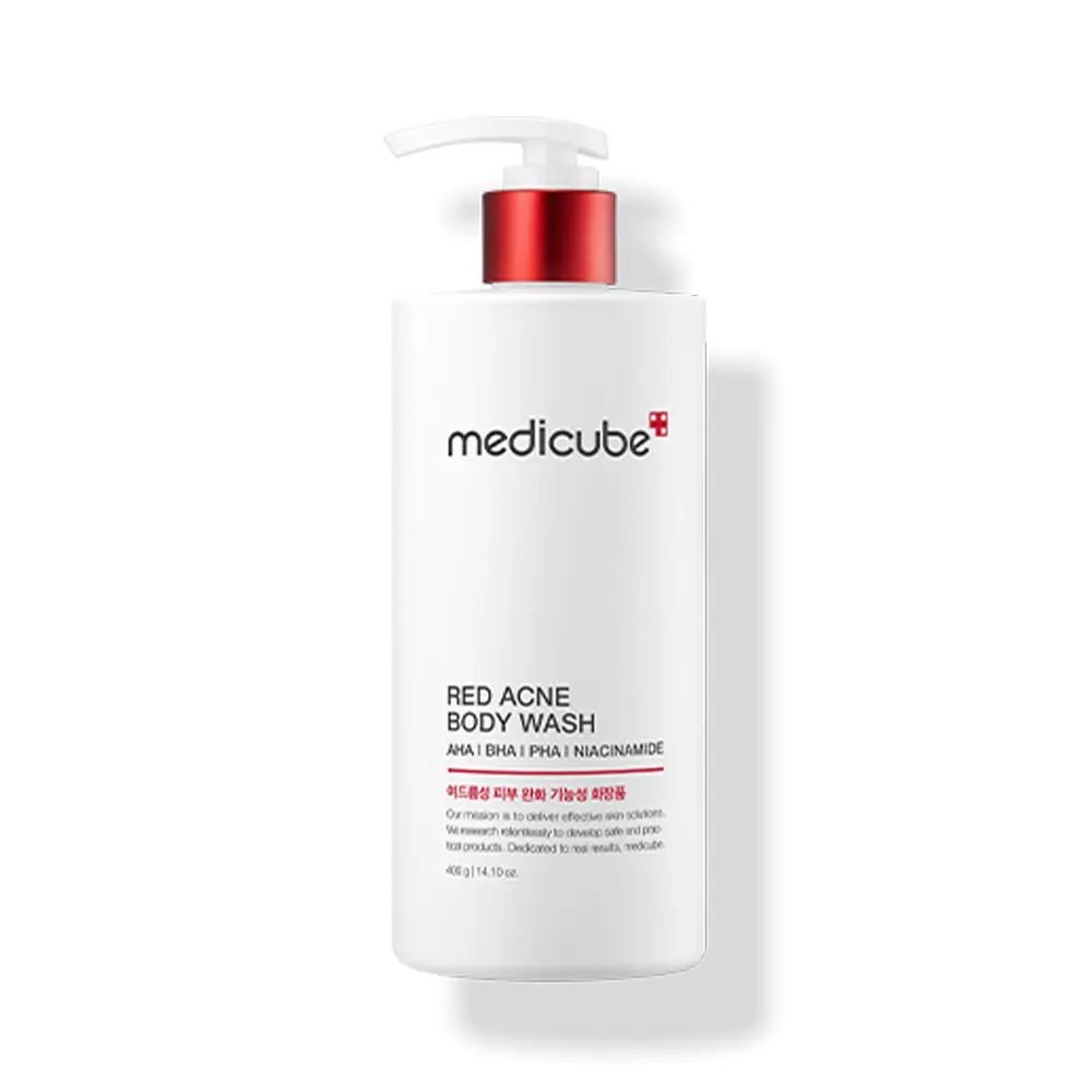 Medicube Red Acne Body Wash 2.0 in a white pump bottle with red accents, a Korean body wash formulated with AHA, BHA, and PHA for body acne care.