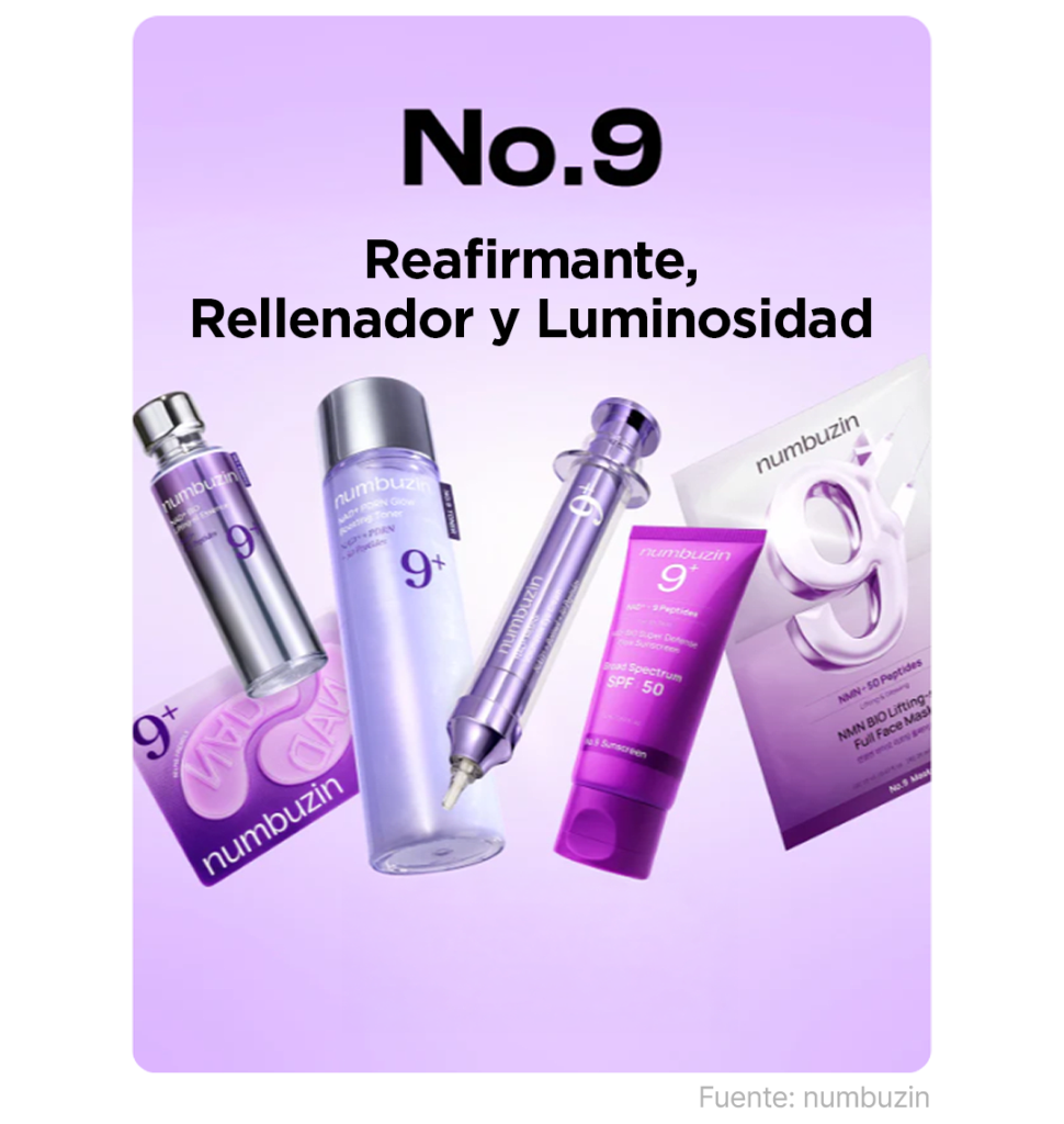 Colección numbuzin No.9 enfocada en firmeza, efecto relleno y luminosidad, presentada sobre un fondo degradado lila. Se muestran varios productos de la línea No.9, incluidos sérum, tónico, crema, protector solar y mascarilla, destacando una rutina de cuidado de la piel coreana orientada a mejorar la elasticidad y el brillo de la piel.