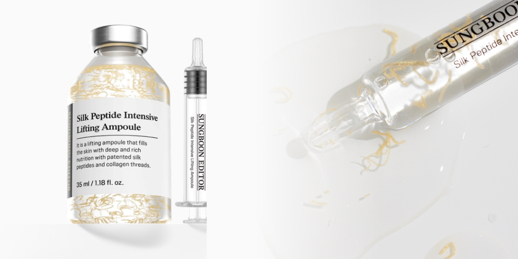 バズっている韓国コスメ:ソンブーンエディター シルク ペプチド EGF ハートフィット ボリューム リフティング アンプルのプロダクトイメージで、ゴールドカラーの繊維が見える透明なアンプルボトルと注射器型アプリケーターが並んでいる。横にはアンプルのテクスチャーのクローズアップが配置され、濃密な栄養とボリュームリフティングの印象を伝えている。