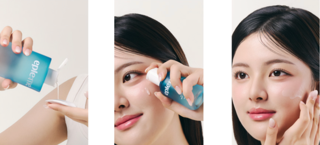 モデルがエプルミーのセラムを肌に塗布するシーンで、乾燥肌に最適な韓国スキンケアを表現