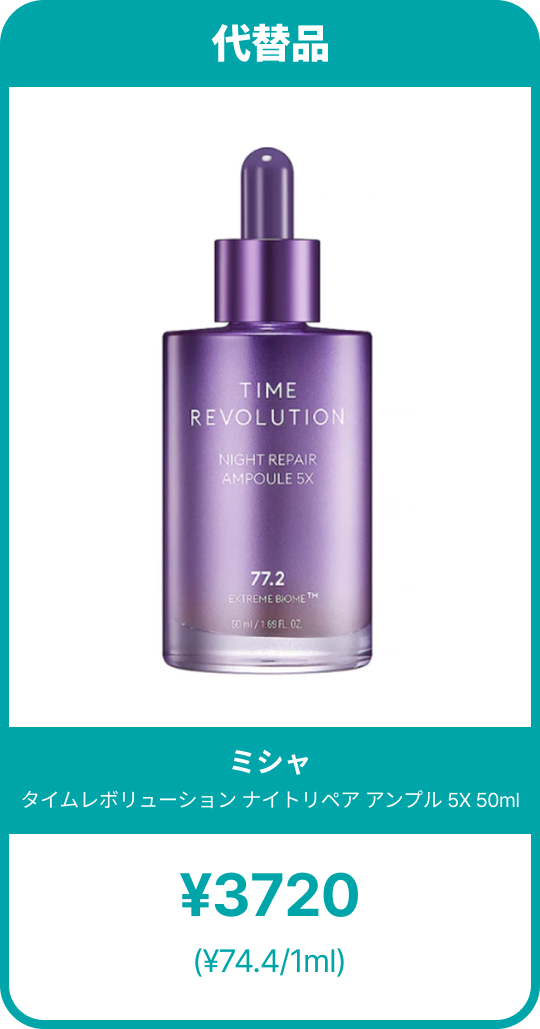 ミシャの「タイムレボリューション ナイトリペア アンプル5X」。パープルの光沢ボトルにしずく型のスポイトが付いた特徴的なデザインで、77.2％エクストリームバイオーム成分が記載されている。容量と1mlあたりの価格が表示された代替アンプルカード。