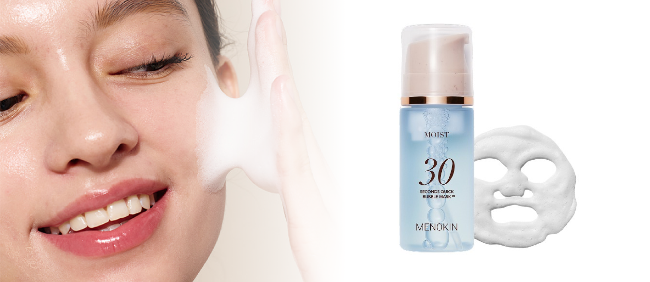Menokin 30 Seconds Quick Bubble Mask with hyaluronic acid in a light blue bottle shown alongside a model gently applying the bubble mask to her cheek, highlighting the soft foam texture and the product’s quick-hydrating, skin-refreshing effect.