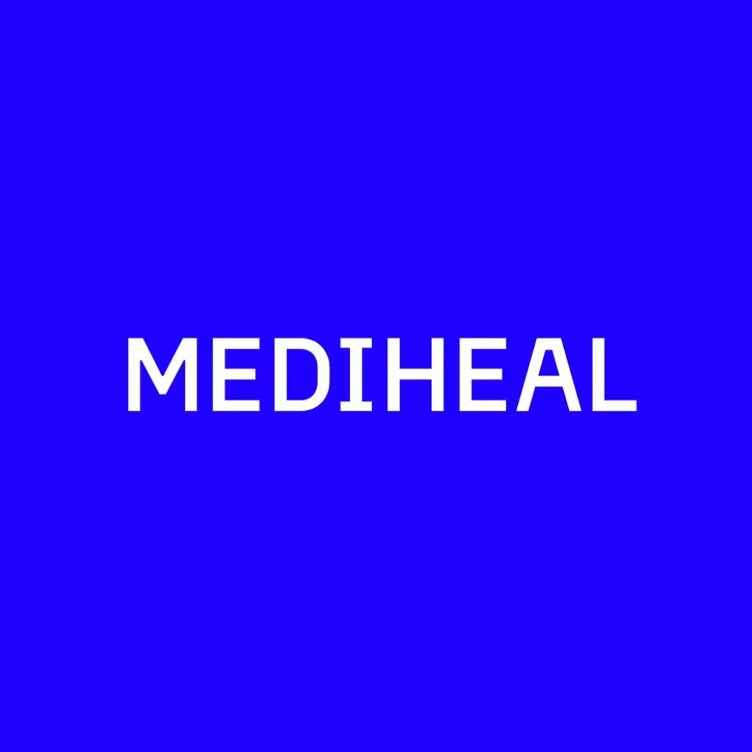A minimal brand image with the word “MEDIHEAL” in white sans-serif lettering centered on a bright blue background.