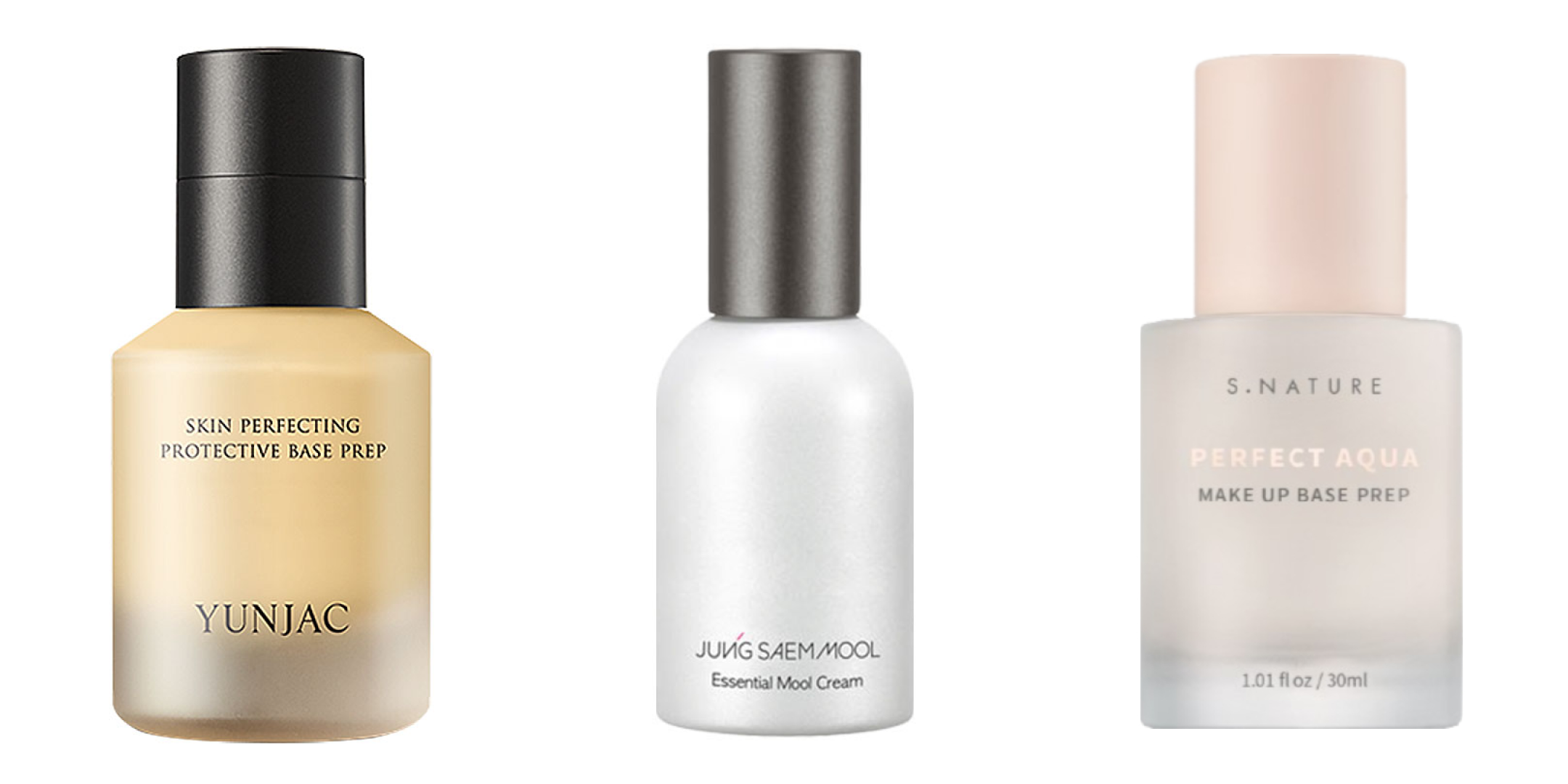 3種類のベースメイク下地スキンケア製品を並べて展示した画像：ユンジャック スキンパーフェクティング プロテクティブ ベースプレップ、ジョンセムル エッセンシャル ムルクリーム、エスネイチャー パーフェクトアクア メイクアップベースプレップ。