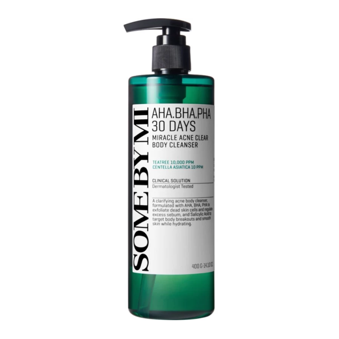 SOME BY MIのAHA・BHA・PHA 30Days ミラクルアクネクリア ボディクレンザーの製品画像。グリーンのポンプボトルが特徴。