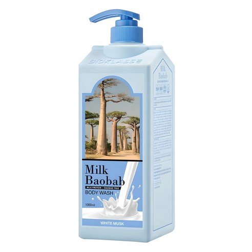 Milk Baobab White Musk Body Wash in a light blue milk-carton style pump bottle, a popular Korean body wash with a soft white musk fragrance