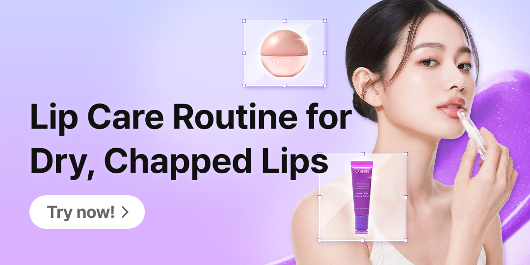 A banner featuring a woman applying lip balm against a soft lavender gradient background, with Abib lip balm and Laneige lip sleeping mask displayed on the side. The text reads “Lip Care Routine for Dry, Chapped Lips” along with a “Try now!” button.