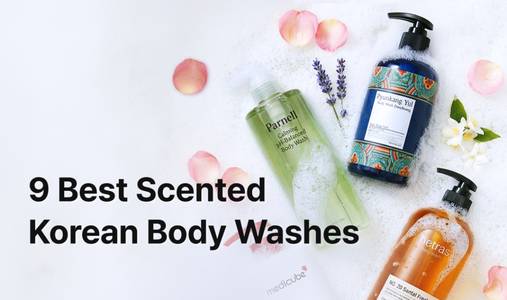 Banner image featuring Korean body washes with foam and petals, representing the article ‘9 Best Scented Korean Body Washes.’