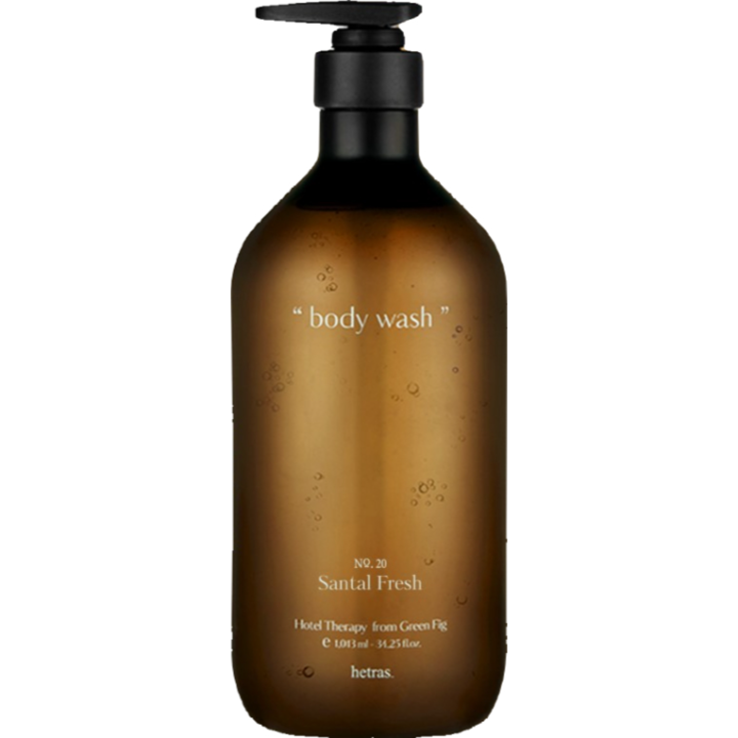 Hetras Hotel Therapy Body Wash Santal Fresh in an amber pump bottle, featuring a sandalwood-inspired perfume-like Korean body wash scent.