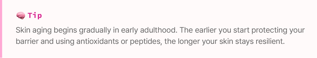 Tip: Skin aging begins gradually in early adulthood. The earlier you start protecting your barrier and using antioxidants or peptides, the longer your skin stays resilient.