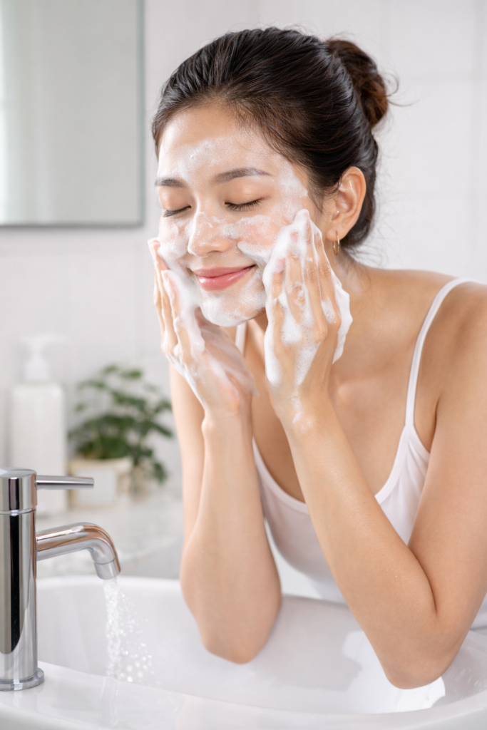 女性が優しいデイリー洗顔料で顔を洗っている画像。