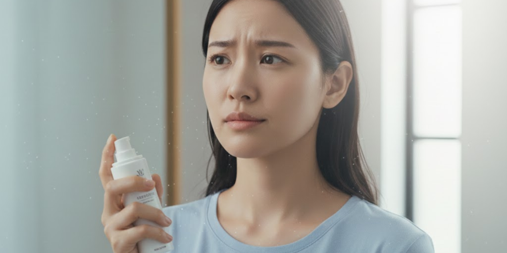 乾燥肌の女性が室内で保湿フェイスミストを手に持ち、肌の状態を確認している様子。乾燥によるつっぱりを感じる場面で、日常的なフェイスミストケアを表現したイメージ。