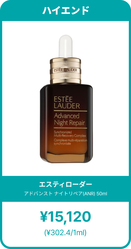 エスティローダーの「アドバンスド ナイトリペア（ANR）」美容液。深みのある琥珀色のガラスボトルにゴールドのキャップと白いスポイトが付いた高級感あるデザイン。製品名とテクスチャーを示すゴールド文字が正面に記載され、50mlサイズ・価格・1mlあたりのコストが表示されたハイエンド紹介カード。