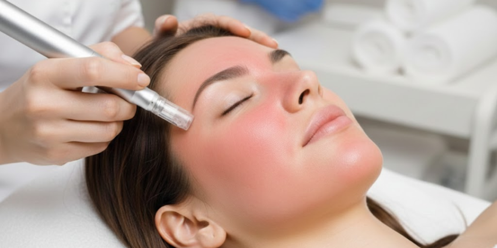 Tratamiento de microneedling realizado en el rostro, que muestra la piel sensible después de tratamientos de la piel en Corea. La imagen representa el cuidado posterior a procedimientos dermatológicos y el papel del cuidado post-tratamiento coreano en la recuperación de la piel.