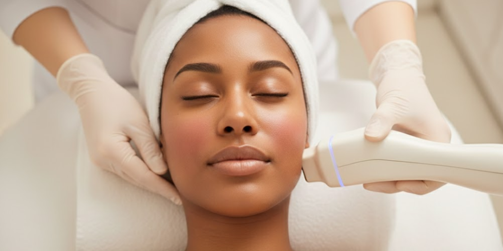 Tratamiento facial con tecnología basada en energía realizado en distintos tonos de piel, que representa los tratamientos de la piel modernos en Corea. La imagen destaca el cuidado post-tratamiento coreano como un paso clave en el cuidado posterior a procedimientos dermatológicos y en la recuperación de la piel.