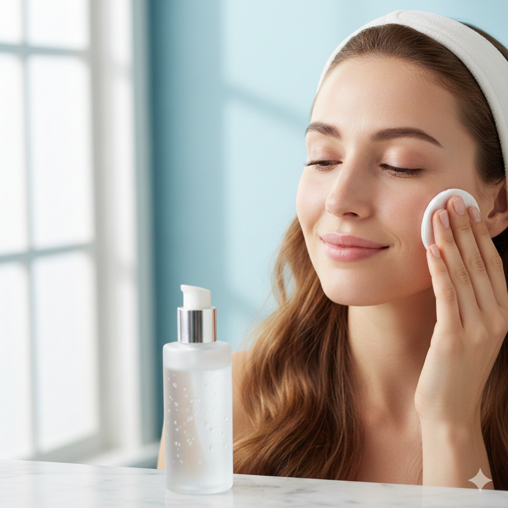 A young woman with glowing skin and a white headband gently applies a hydrating toner to her cheek using a cotton pad. She stands in front of a soft baby blue wall with bright, natural sunlight streaming in from a window. In the foreground, a frosted glass bottle of toner sits on a white marble surface