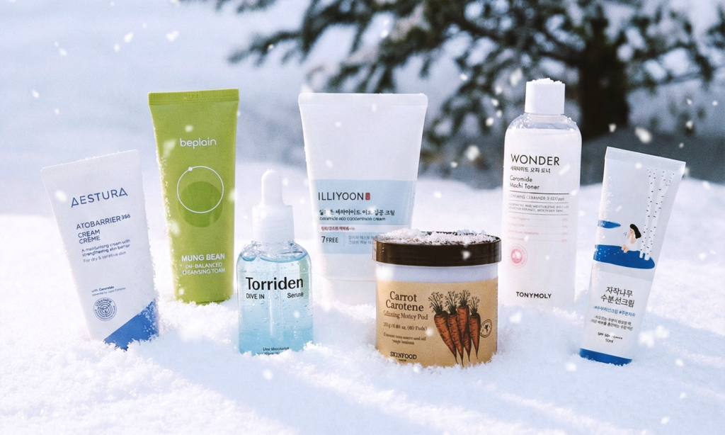 Winter skincare routine with Korean skincare products for dry skin, including a gentle cleanser, hydrating serum, ceramide cream, toner, and sunscreen