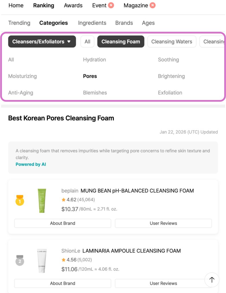 Hwahae cleanser rankings filtered by skin concern from verified Korean user reviews