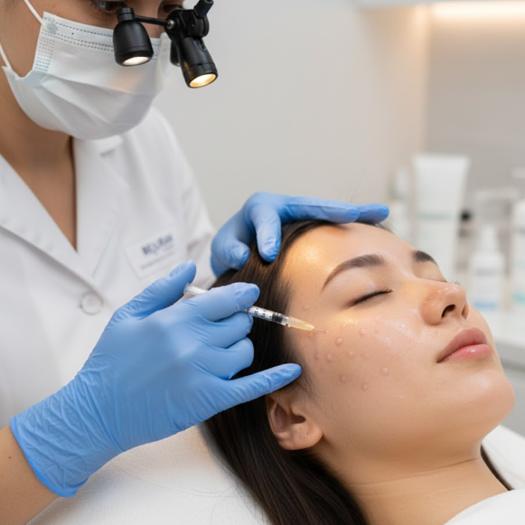 Procedimiento dermatológico en curso con un tratamiento inyectable, que muestra la piel sensible inmediatamente después de un procedimiento dermatológico. La imagen destaca el enrojecimiento y la microirritación tras tratamientos de la piel realizados en Corea, y subraya la importancia del cuidado post-tratamiento coreano para una recuperación eficaz de la piel.