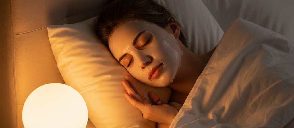 A woman sleeping comfortably with an overnight face mask applied, illustrating nighttime skincare and skin recovery while sleeping.