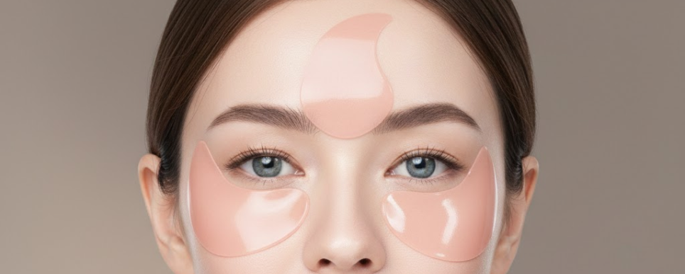 Model wearing wrinkle patches on the forehead and under-eye area to support anti aging skincare and targeted hydration
