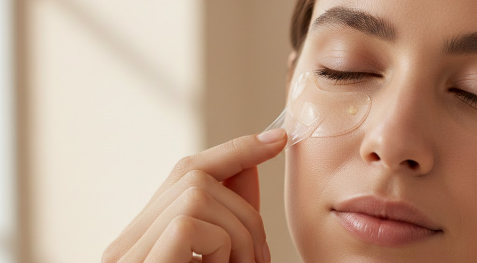 Close-up of a model gently removing an under-eye wrinkle patch to illustrate proper use and skin comfort