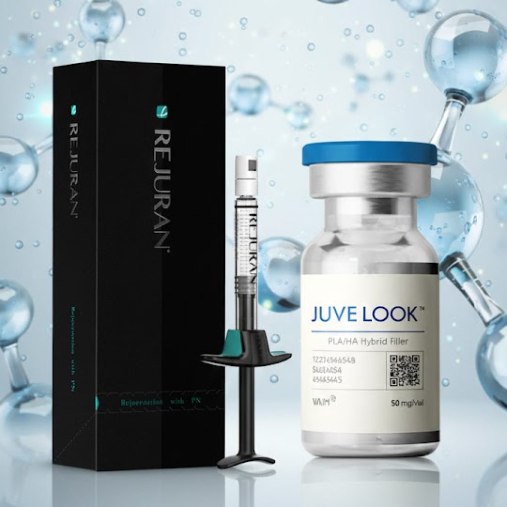 Productos skin booster Rejuran y Juve Look utilizados en tratamientos cosméticos de la piel en Corea, comúnmente asociados al cuidado post-tratamiento y a la recuperación de la barrera cutánea.