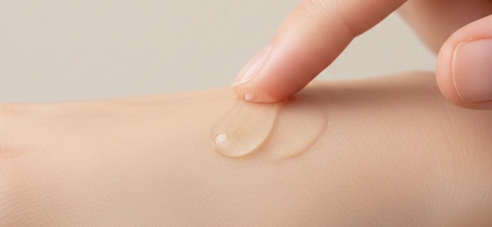 軽やかなシワ改善美容液のテクスチャーが肌になじむ様子を捉えたクローズアップ。透明感があり、素早く吸収され、韓国式エイジングケアルーティンでの重ね使いに適した処方を表しています。