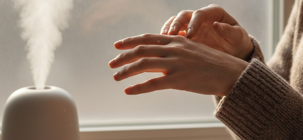 冬の乾燥環境に対応するため、室内暖房の近くで乾燥した手肌をケアする韓国の冬スキンケアルーティンの様子