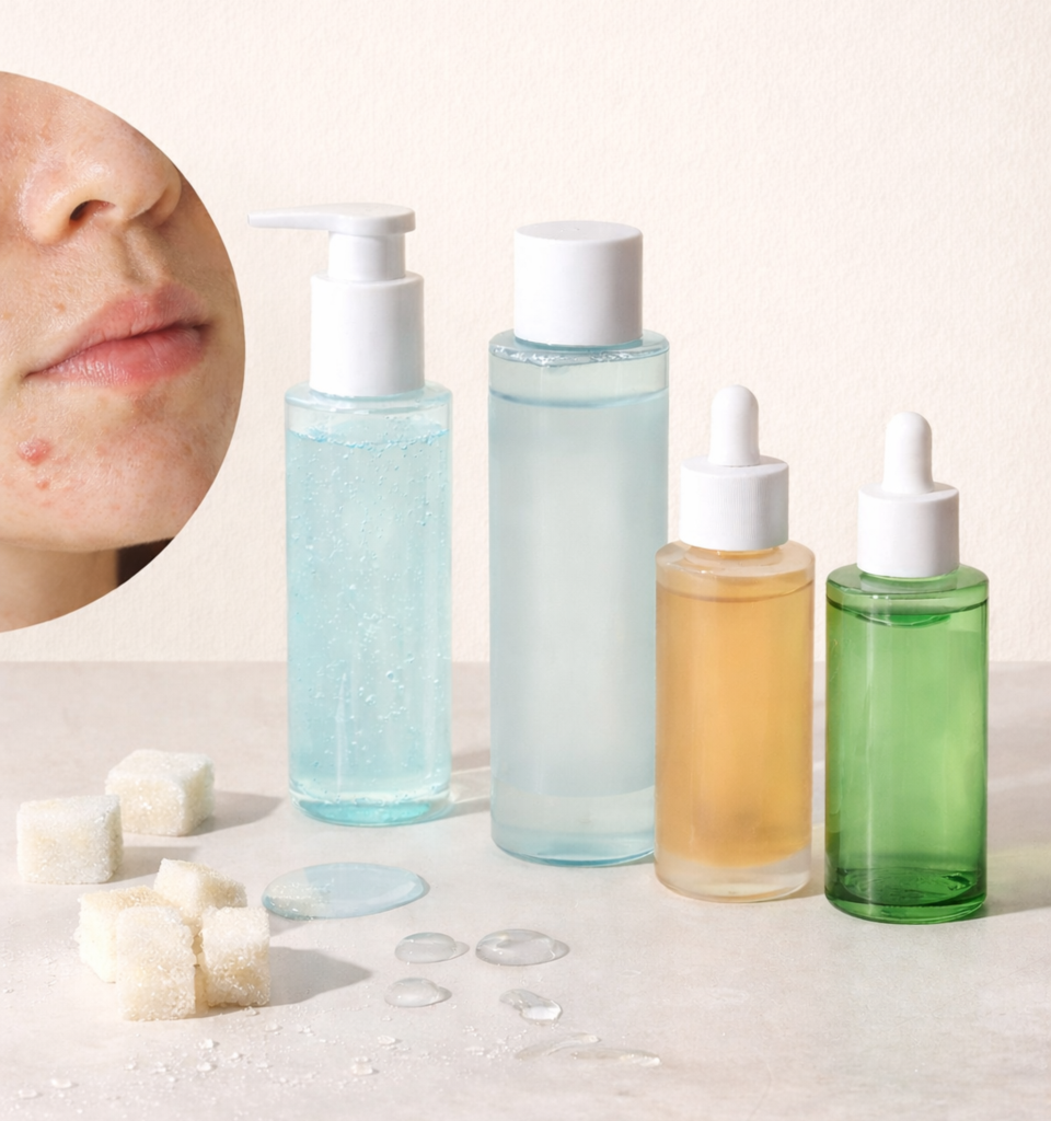 Minimal editorial image of best skincare for acne, featuring cleanser, toner, and serum bottles on a neutral surface beside a calm close-up of acne-prone skin.