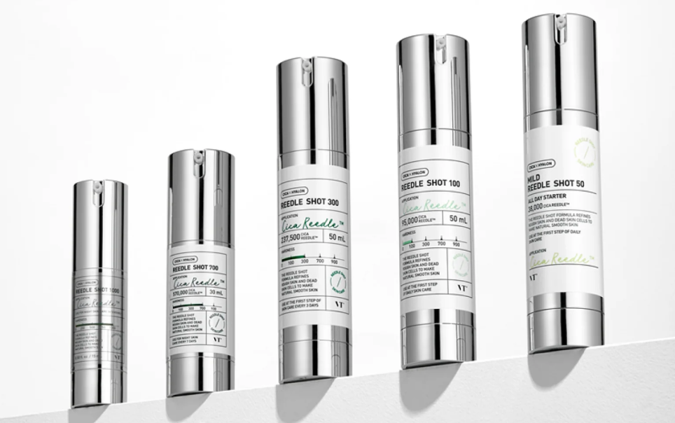 VT COSMETICS Reedle Shot lineup displayed by strength level, featuring multiple Reedle Shot variants in sleek silver packaging.