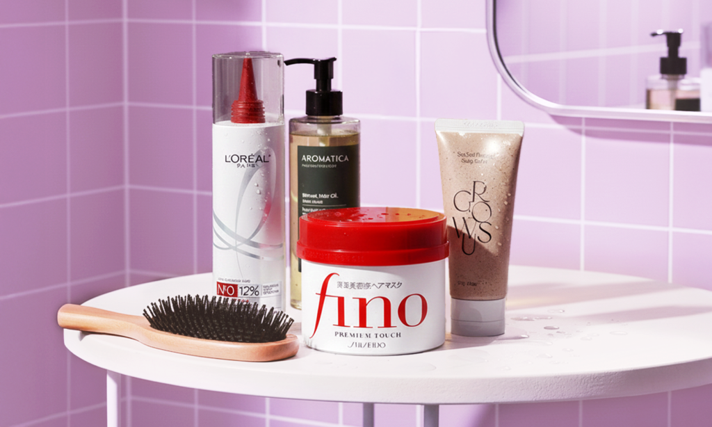 ピンクのタイルが印象的なバスルームで、プレシャンプー、ヘアオイル、スカルプスクラブ、ヘアマスク、ブラシが整然と並べられている様子。シャンプー前に頭皮の汚れや皮脂をケアするプレシャンプールーティンを紹介するヘアケアバナー。