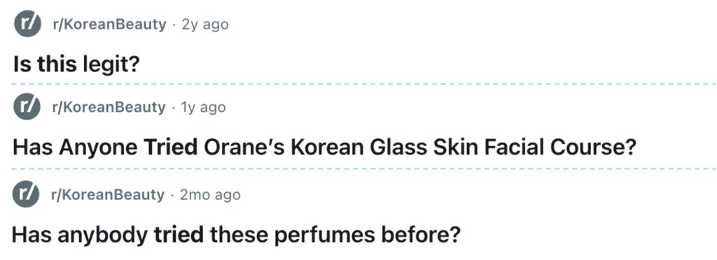 Reddit users repeatedly asking if Korean skincare brands are legit, popular in Korea, or driven by influencer marketing