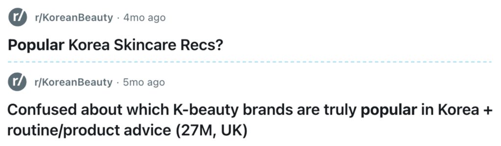 Reddit discussion questioning whether popular Korean skincare brands are actually used in Korea