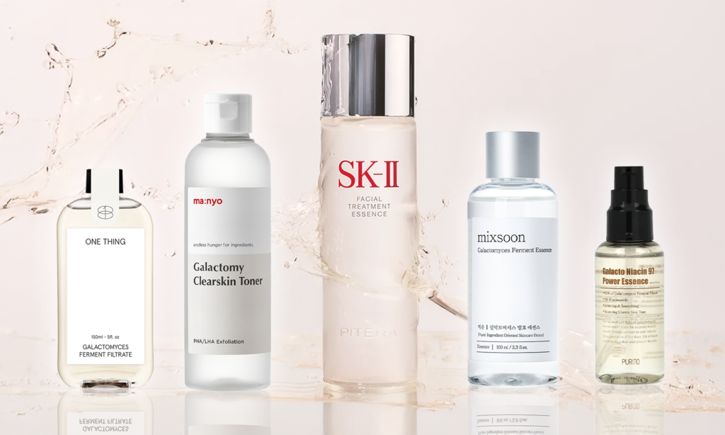 sk-ii 使ってる人の肌をイメージした比較ビジュアル。中央にSK-II フェイシャルトリートメントエッセンス、その周囲にガラクトミセス配合の発酵スキンケア（ONETHING、manyo、mixsoon、PuritoSEOUL）が並ぶ。