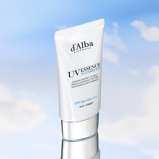 Lightweight UV essence sunscreen used before makeup to protect skin and maintain a dewy glow