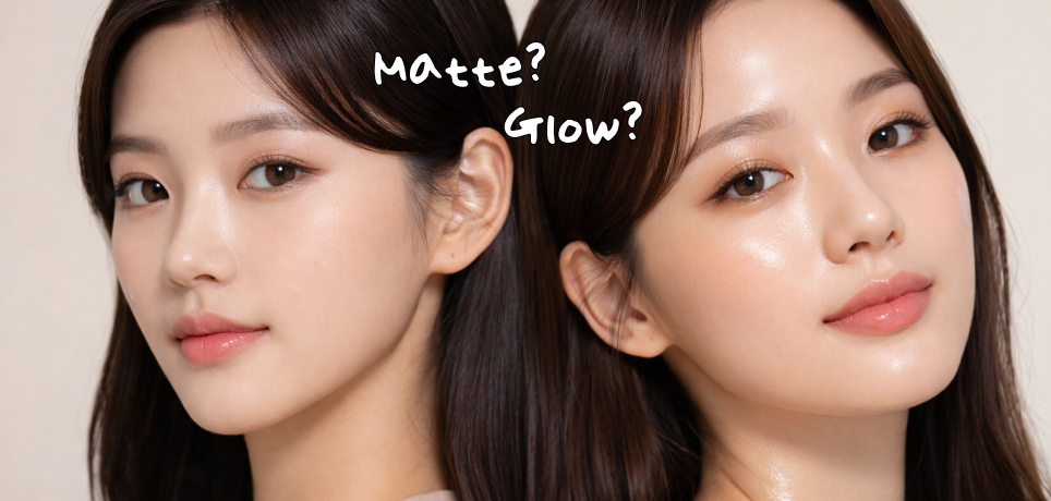 korean cushion foundation comparison showing matte finish on the left and glow finish on the right