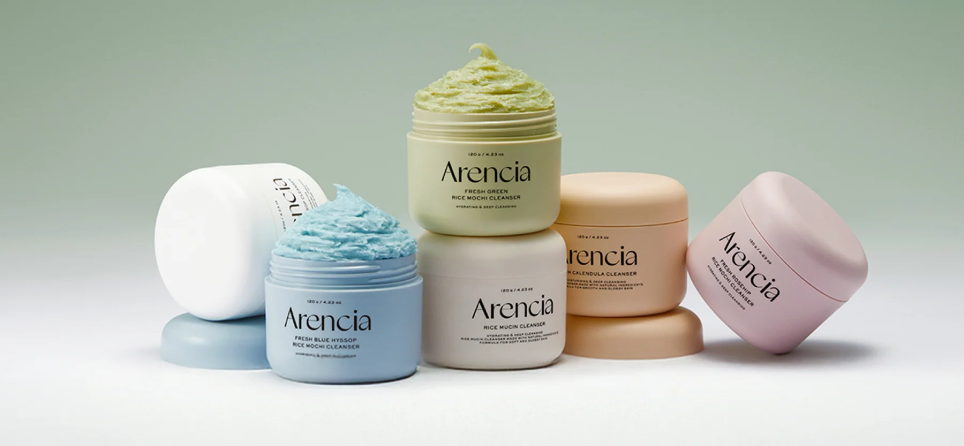 Arencia Mochi Cleanser texture jars displayed to show gentle cleansing suitable for a korean glass skin routine