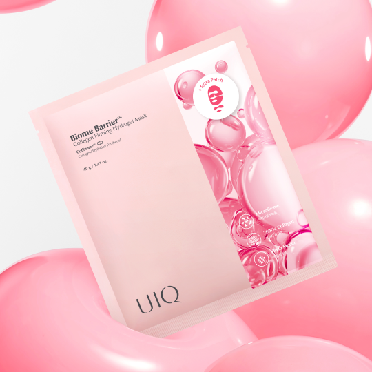 UIQ Biome Barrier Collagen Firming Hydrogel Mask packaging highlighting plumping care for a korean glass skin routine