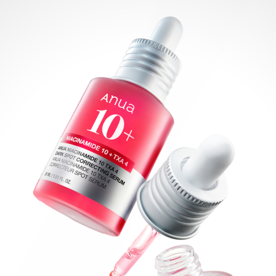 Anua Niacinamide 10% + TXA 4% serum texture and dropper highlighting dark spot care for a korean glass skin routine