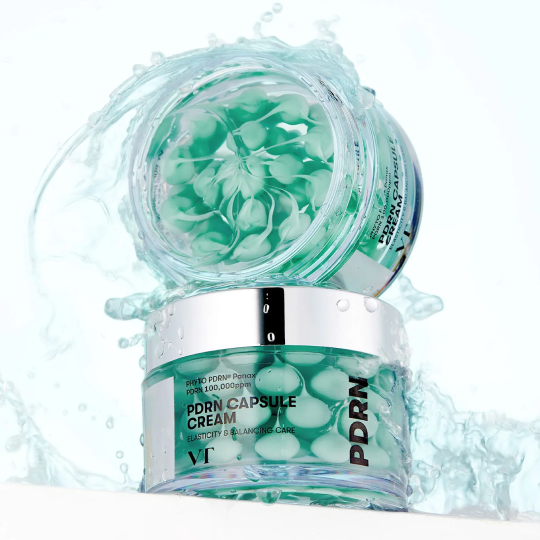 VT COSMETICS PDRN Capsule Cream 100 texture with visible capsules forming a high-shine finish in a korean glass skin routine