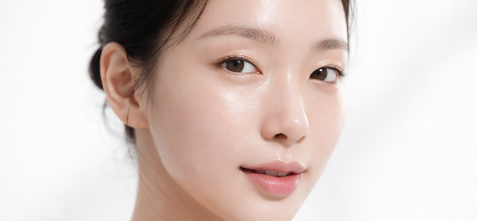 Naturally hydrated korean glass skin shown in a close-up under soft light with even texture and balanced light reflection