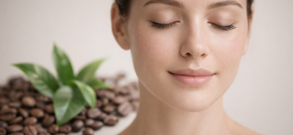 Caffeine for skin Tightening concept image showing reduced facial puffiness and a firmer-looking skin appearance with coffee beans as a natural caffeine source